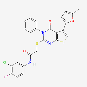 molecular formula C25H17ClFN3O3S2 B2880614 N-(3-chloro-4-fluorophenyl)-2-[5-(5-methylfuran-2-yl)-4-oxo-3-phenylthieno[2,3-d]pyrimidin-2-yl]sulfanylacetamide CAS No. 690645-03-5