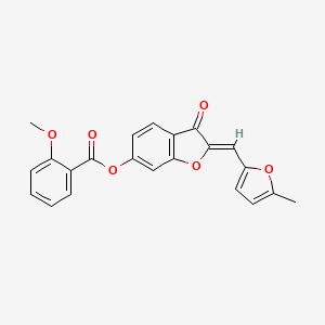 molecular formula C22H16O6 B2880673 (Z)-2-((5-methylfuran-2-yl)methylene)-3-oxo-2,3-dihydrobenzofuran-6-yl 2-methoxybenzoate CAS No. 622365-48-4