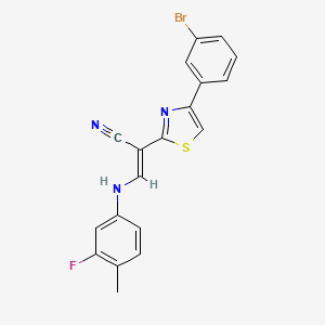 molecular formula C19H13BrFN3S B2880701 (E)-2-(4-(3-bromophenyl)thiazol-2-yl)-3-((3-fluoro-4-methylphenyl)amino)acrylonitrile CAS No. 477297-58-8