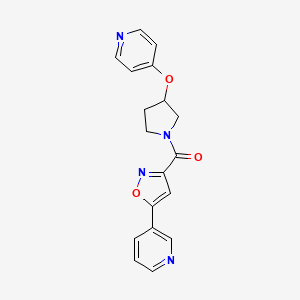 molecular formula C18H16N4O3 B2880726 (5-(Pyridin-3-yl)isoxazol-3-yl)(3-(pyridin-4-yloxy)pyrrolidin-1-yl)methanone CAS No. 2034575-05-6
