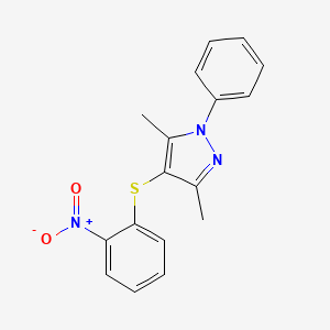 molecular formula C17H15N3O2S B2880808 3,5-dimethyl-4-((2-nitrophenyl)thio)-1-phenyl-1H-pyrazole CAS No. 93332-34-4