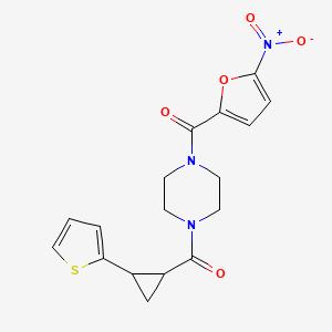molecular formula C17H17N3O5S B2880820 (4-(5-Nitrofuran-2-carbonyl)piperazin-1-yl)(2-(thiophen-2-yl)cyclopropyl)methanone CAS No. 1208805-68-8