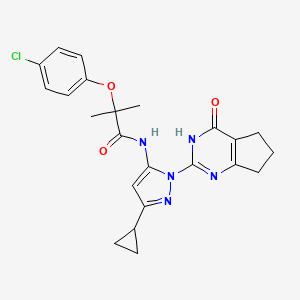 molecular formula C23H24ClN5O3 B2880860 2-(4-chlorophenoxy)-N-(3-cyclopropyl-1-(4-oxo-4,5,6,7-tetrahydro-3H-cyclopenta[d]pyrimidin-2-yl)-1H-pyrazol-5-yl)-2-methylpropanamide CAS No. 1207044-58-3