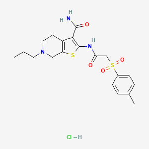 molecular formula C20H26ClN3O4S2 B2880868 6-Propyl-2-(2-tosylacetamido)-4,5,6,7-tetrahydrothieno[2,3-c]pyridine-3-carboxamide hydrochloride CAS No. 1329870-59-8
