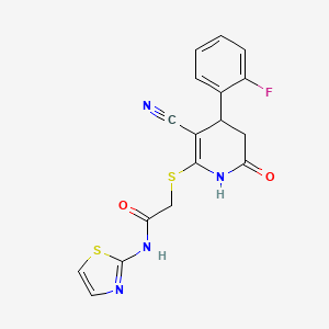 molecular formula C17H13FN4O2S2 B2880978 2-((3-cyano-4-(2-fluorophenyl)-6-oxo-1,4,5,6-tetrahydropyridin-2-yl)thio)-N-(thiazol-2-yl)acetamide CAS No. 683794-54-9