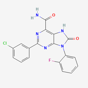 molecular formula C18H11ClFN5O2 B2881013 2-(3-chlorophenyl)-9-(2-fluorophenyl)-8-oxo-8,9-dihydro-7H-purine-6-carboxamide CAS No. 898441-79-7