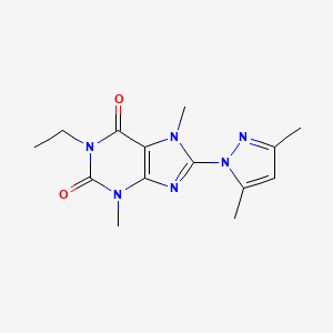 molecular formula C14H18N6O2 B2881025 8-(3,5-dimethyl-1H-pyrazol-1-yl)-1-ethyl-3,7-dimethyl-1H-purine-2,6(3H,7H)-dione CAS No. 1014073-88-1