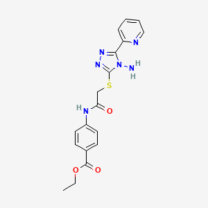 molecular formula C18H18N6O3S B2881111 Ethyl 4-[[2-[(4-amino-5-pyridin-2-yl-1,2,4-triazol-3-yl)sulfanyl]acetyl]amino]benzoate CAS No. 905781-07-9