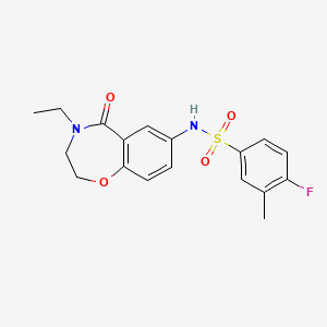 molecular formula C18H19FN2O4S B2881134 N-(4-ethyl-5-oxo-2,3,4,5-tetrahydrobenzo[f][1,4]oxazepin-7-yl)-4-fluoro-3-methylbenzenesulfonamide CAS No. 926032-16-8