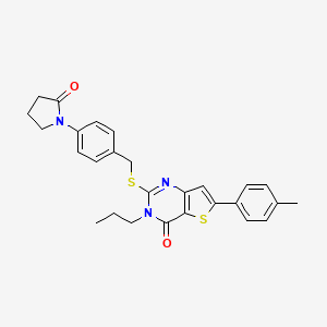 molecular formula C27H27N3O2S2 B2881137 2-((4-(2-oxopyrrolidin-1-yl)benzyl)thio)-3-propyl-6-(p-tolyl)thieno[3,2-d]pyrimidin-4(3H)-one CAS No. 1185133-02-1