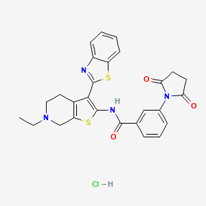 molecular formula C27H25ClN4O3S2 B2881156 N-(3-(苯并[d]噻唑-2-基)-6-乙基-4,5,6,7-四氢噻吩并[2,3-c]吡啶-2-基)-3-(2,5-二氧代吡咯烷-1-基)苯甲酰胺盐酸盐 CAS No. 1216851-75-0