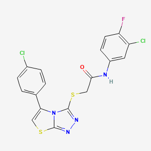 molecular formula C18H11Cl2FN4OS2 B2881159 N-(3-chloro-4-fluorophenyl)-2-((5-(4-chlorophenyl)thiazolo[2,3-c][1,2,4]triazol-3-yl)thio)acetamide CAS No. 671199-98-7