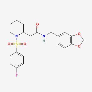 molecular formula C21H23FN2O5S B2881292 N-(苯并[d][1,3]二氧杂环-5-基甲基)-2-(1-((4-氟苯基)磺酰基)哌啶-2-基)乙酰胺 CAS No. 1021074-51-0