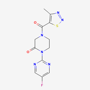 molecular formula C12H11FN6O2S B2881294 1-(5-Fluoropyrimidin-2-yl)-4-(4-methylthiadiazole-5-carbonyl)piperazin-2-one CAS No. 2320535-66-6