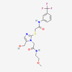 molecular formula C18H21F3N4O4S B2881308 2-((5-(hydroxymethyl)-1-(2-((2-methoxyethyl)amino)-2-oxoethyl)-1H-imidazol-2-yl)thio)-N-(3-(trifluoromethyl)phenyl)acetamide CAS No. 921884-96-0