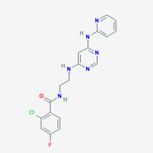 molecular formula C18H16ClFN6O B2881373 2-chloro-4-fluoro-N-(2-((6-(pyridin-2-ylamino)pyrimidin-4-yl)amino)ethyl)benzamide CAS No. 1421467-93-7