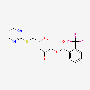 molecular formula C18H11F3N2O4S B2881375 [4-氧代-6-(嘧啶-2-基硫代甲基)吡喃-3-基] 2-(三氟甲基)苯甲酸酯 CAS No. 877636-60-7