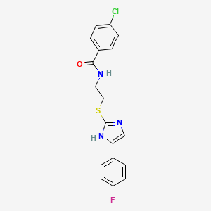 molecular formula C18H15ClFN3OS B2881381 4-chloro-N-(2-((5-(4-fluorophenyl)-1H-imidazol-2-yl)thio)ethyl)benzamide CAS No. 897456-03-0