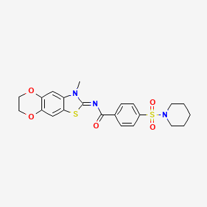 molecular formula C22H23N3O5S2 B2881558 (E)-N-(3-methyl-6,7-dihydro-[1,4]dioxino[2',3':4,5]benzo[1,2-d]thiazol-2(3H)-ylidene)-4-(piperidin-1-ylsulfonyl)benzamide CAS No. 892857-12-4