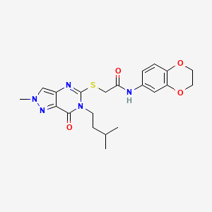 molecular formula C21H25N5O4S B2881581 N-(2,3-二氢苯并[b][1,4]二氧杂环-6-基)-2-((6-异戊基-2-甲基-7-氧代-6,7-二氢-2H-吡唑并[4,3-d]嘧啶-5-基)硫代)乙酰胺 CAS No. 2309599-71-9