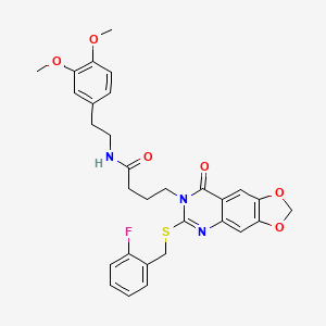 molecular formula C30H30FN3O6S B2881675 N-(3,4-dimethoxyphenethyl)-4-(6-((2-fluorobenzyl)thio)-8-oxo-[1,3]dioxolo[4,5-g]quinazolin-7(8H)-yl)butanamide CAS No. 688060-46-0