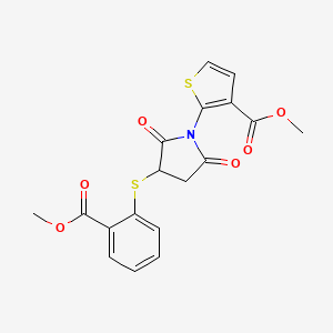 molecular formula C18H15NO6S2 B2881705 Methyl 2-(3-{[2-(methoxycarbonyl)phenyl]sulfanyl}-2,5-dioxopyrrolidin-1-yl)thiophene-3-carboxylate CAS No. 881485-29-6