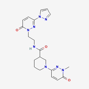 molecular formula C20H24N8O3 B2881712 1-(1-methyl-6-oxo-1,6-dihydropyridazin-3-yl)-N-(2-(6-oxo-3-(1H-pyrazol-1-yl)pyridazin-1(6H)-yl)ethyl)piperidine-3-carboxamide CAS No. 1421584-65-7