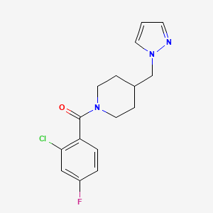 molecular formula C16H17ClFN3O B2881716 (4-((1H-pyrazol-1-yl)methyl)piperidin-1-yl)(2-chloro-4-fluorophenyl)methanone CAS No. 1286722-56-2