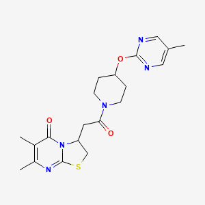 molecular formula C20H25N5O3S B2881803 6,7-Dimethyl-3-[2-[4-(5-methylpyrimidin-2-yl)oxypiperidin-1-yl]-2-oxoethyl]-2,3-dihydro-[1,3]thiazolo[3,2-a]pyrimidin-5-one CAS No. 2380168-51-2