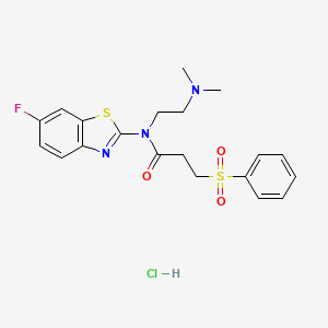 molecular formula C20H23ClFN3O3S2 B2881813 N-(2-(dimethylamino)ethyl)-N-(6-fluorobenzo[d]thiazol-2-yl)-3-(phenylsulfonyl)propanamide hydrochloride CAS No. 1215477-24-9