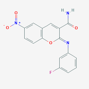 molecular formula C16H10FN3O4 B2881814 （Z）-2-((3-氟苯基)亚氨基)-6-硝基-2H-色满-3-甲酰胺 CAS No. 313234-32-1