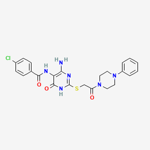 molecular formula C23H23ClN6O3S B2881843 N-(4-amino-6-oxo-2-((2-oxo-2-(4-phenylpiperazin-1-yl)ethyl)thio)-1,6-dihydropyrimidin-5-yl)-4-chlorobenzamide CAS No. 872597-59-6