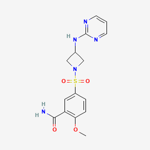 molecular formula C15H17N5O4S B2881876 2-甲氧基-5-((3-(嘧啶-2-基氨基)氮杂环丁-1-基)磺酰基)苯甲酰胺 CAS No. 2034552-95-7