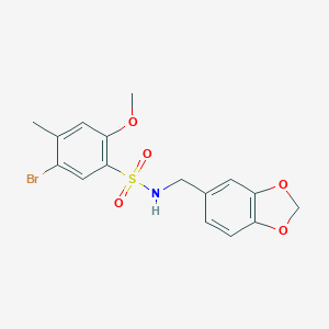 molecular formula C16H16BrNO5S B288194 N-(1,3-benzodioxol-5-ylmethyl)-5-bromo-2-methoxy-4-methylbenzenesulfonamide 
