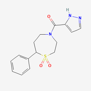 molecular formula C15H17N3O3S B2881941 (1,1-dioxido-7-phenyl-1,4-thiazepan-4-yl)(1H-pyrazol-3-yl)methanone CAS No. 2034382-61-9