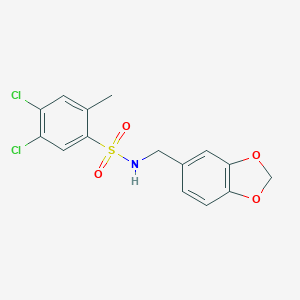 molecular formula C15H13Cl2NO4S B288195 N-(1,3-benzodioxol-5-ylmethyl)-4,5-dichloro-2-methylbenzenesulfonamide 