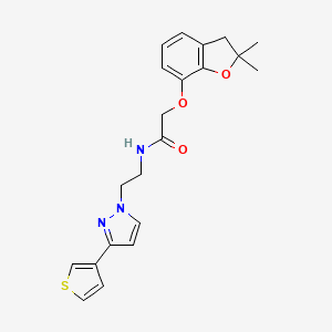 molecular formula C21H23N3O3S B2882004 2-((2,2-dimethyl-2,3-dihydrobenzofuran-7-yl)oxy)-N-(2-(3-(thiophen-3-yl)-1H-pyrazol-1-yl)ethyl)acetamide CAS No. 2034235-30-6