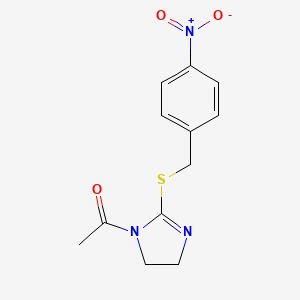 molecular formula C12H13N3O3S B2882036 1-(2-((4-nitrobenzyl)thio)-4,5-dihydro-1H-imidazol-1-yl)ethanone CAS No. 851802-05-6