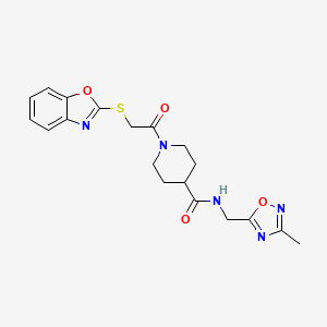 molecular formula C19H21N5O4S B2882090 1-(2-(苯并[d]恶唑-2-硫代)乙酰)-N-((3-甲基-1,2,4-恶二唑-5-基)甲基)哌啶-4-甲酰胺 CAS No. 1334374-86-5