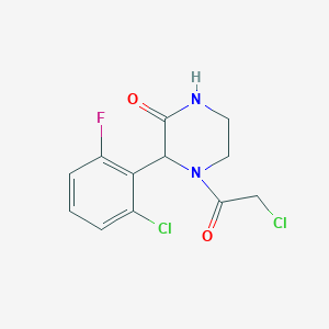 molecular formula C12H11Cl2FN2O2 B2882128 4-(2-Chloroacetyl)-3-(2-chloro-6-fluorophenyl)piperazin-2-one CAS No. 2411199-22-7