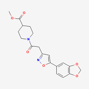 molecular formula C19H20N2O6 B2882141 Methyl 1-(2-(5-(benzo[d][1,3]dioxol-5-yl)isoxazol-3-yl)acetyl)piperidine-4-carboxylate CAS No. 1171402-20-2