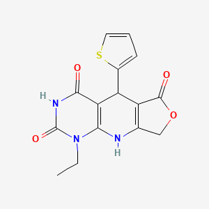 molecular formula C15H13N3O4S B2882147 13-乙基-8-噻吩-2-基-5-氧杂-2,11,13-三氮杂三环[7.4.0.03,7]十三-1(9),3(7)-二烯-6,10,12-三酮 CAS No. 874594-35-1