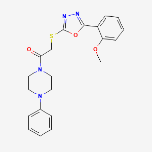 molecular formula C21H22N4O3S B2882210 2-((5-(2-甲氧基苯基)-1,3,4-恶二唑-2-基)硫代)-1-(4-苯基哌嗪-1-基)乙酮 CAS No. 850936-86-6