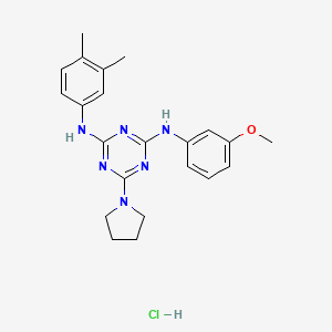 molecular formula C22H27ClN6O B2882306 N2-(3,4-dimethylphenyl)-N4-(3-methoxyphenyl)-6-(pyrrolidin-1-yl)-1,3,5-triazine-2,4-diamine hydrochloride CAS No. 1179463-31-0