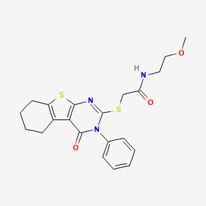molecular formula C21H23N3O3S2 B2882318 N-(2-甲氧基乙基)-2-[(4-氧代-3-苯基-5,6,7,8-四氢-[1]苯并噻吩并[2,3-d]嘧啶-2-基)硫代]乙酰胺 CAS No. 315702-34-2