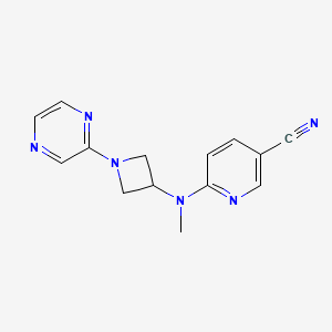 molecular formula C14H14N6 B2882352 6-[甲基-(1-吡嗪-2-基氮杂环丁-3-基)氨基]吡啶-3-甲腈 CAS No. 2415631-72-8