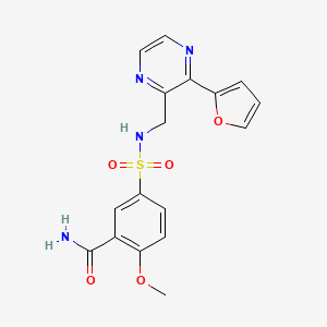 molecular formula C17H16N4O5S B2882366 5-(N-((3-(呋喃-2-基)吡嗪-2-基)甲基)磺酰胺基)-2-甲氧基苯甲酰胺 CAS No. 2034570-52-8