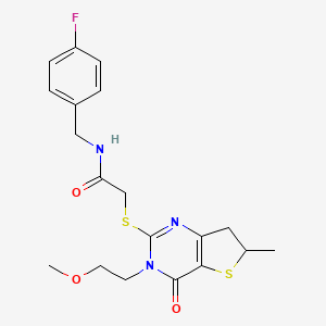molecular formula C19H22FN3O3S2 B2882369 N-[(4-fluorophenyl)methyl]-2-[[3-(2-methoxyethyl)-6-methyl-4-oxo-6,7-dihydrothieno[3,2-d]pyrimidin-2-yl]sulfanyl]acetamide CAS No. 851410-35-0