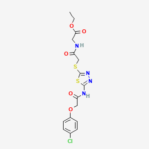 molecular formula C16H17ClN4O5S2 B2882412 乙酸2-(2-((5-(2-(4-氯苯氧基)乙酰氨基)-1,3,4-噻二唑-2-基)硫代)乙酰氨基)乙酯 CAS No. 893352-50-6