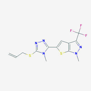 molecular formula C13H12F3N5S2 B2882421 5-[5-(烯丙硫基)-4-甲基-4H-1,2,4-三唑-3-基]-1-甲基-3-(三氟甲基)-1H-噻吩并[2,3-c]吡唑 CAS No. 338747-65-2